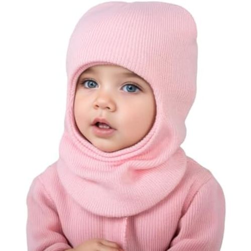 Kids Winter Hat Scarf Warm Knitted Beanie with Neck Pompom Fleece Lined Earflap for Baby Toddler Girls Boys