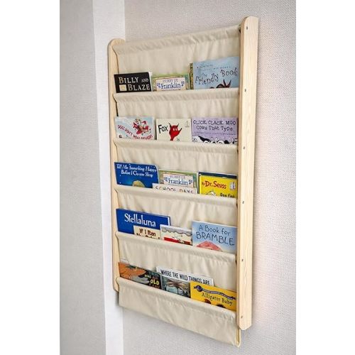 Montessori Wall Mounted Soft Canvas Fabric Bookshelf 5 Tier, Solid Pine Wood Kids Book Rack with Deep Pocket, Nursery & Playroom Space Saving Behind Door Shelf