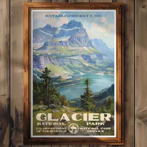 Glacier National Park Poster, Montana Travel Print, Home Decor, Wall Art Painting, Hiking Gift