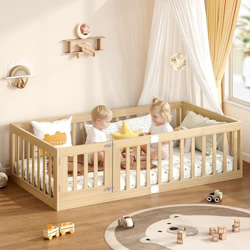 EXPERLAM Twin Montessori Floor Bed with High Guardrails and 2 Door Latch, Solid Wood Toddler Bed Frame with 10 Slats and Supporting keel, Low-to-Floor for Crib-to-Bed Transition, Natural