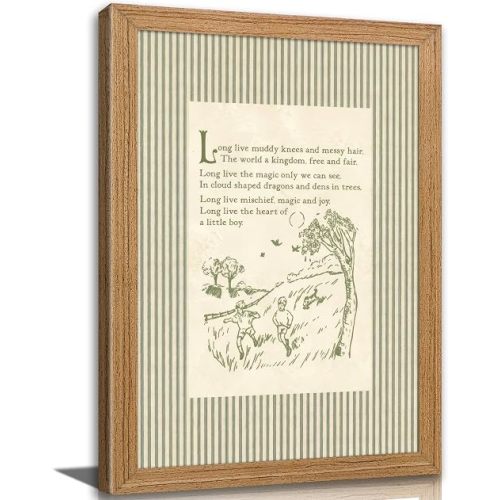 Framed Vintage Boy Nursery Canvas Wall Art Long Live Boyhood Poem Wall Decor Teen Boys Children's Nursery Painting Picture Cottagecore Sketched Kids Poem Art Print for Boys Room Playroom Home Decor