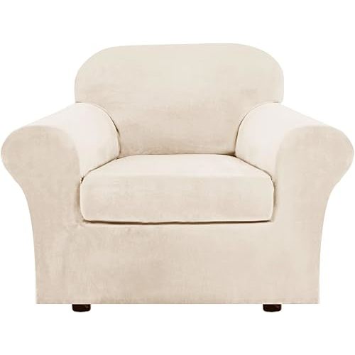 H.VERSAILTEX Rich Velvet Stretch 2 Piece Cover Chair Slipcover Sofa Cover Furniture Protector Couch Soft with Elastic Bottom Couch Cover Width Up to 49 Inch 85% Polyester 15% Spandex (Chair, Cream)