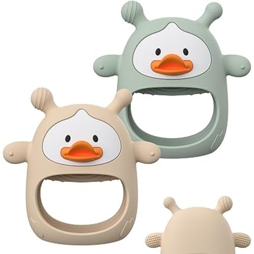 2 Pack Baby Teething Toys for 3-6 6-12 Months, Upgraded Silicone Teething Mitten with Anti-Dropping Wrist Design, Soft Sensory Baby Teether Toys, BPA Free Infant Chew Toys,Green & Nude（Duck）