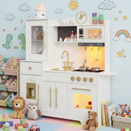 Play Kitchen, Wooden Kids Play Kitchen Playset Pretend Cooking Toy Set with Food & Cookware Accessories, Toddler Kitchen Playset for Ages 3+