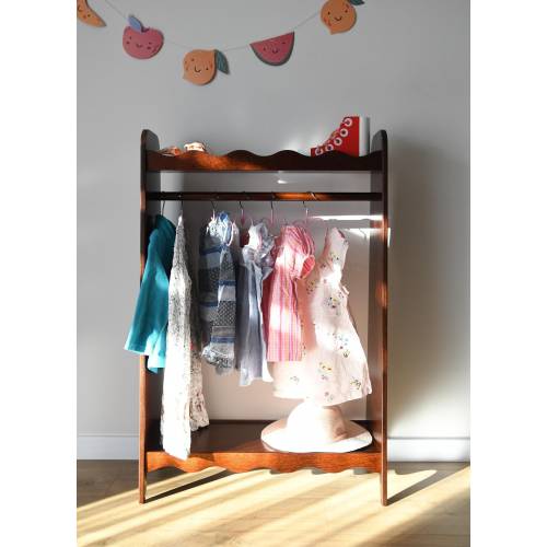 a Montessori wardrobe, dark brown scalloped clothing rack for toddlers, kids clothing storage, boho style