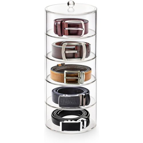 ZENFUN 5 Layers Acrylic Belt Organizer, Stackable Belt Storage Box Clear Display Case Vanity Organizer for Watch, Hair Accessories, Jewelry, Closet and Drawer, 2.6" H x 5.5" Dia