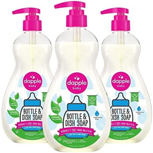 Dapple Baby Baby Bottle Soap & Dish Soap, Fragrance Free, 17.75 Fl Oz Bottle (Pack of 3) - Plant Based Dish Liquid for Dishes & Baby Bottles - Hypoallergenic Soap, Liquid Soap