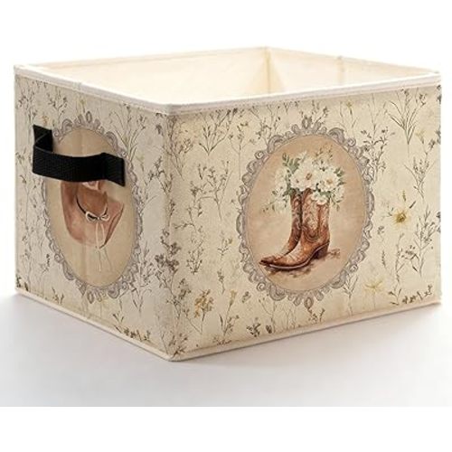 Vintage Western Cowgirl Floral Storage Bins Box with Handles, Cottagecore Flower Cowgirl Hat Boots Foldable Basket Toybox for Girls Room Bedroom Bathroom Home Clothes Toys Books