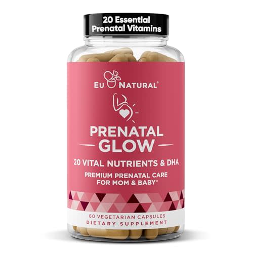 Glow Prenatal Vitamins for Women with Folate & DHA, 60 Vegetarian Capsules | 20-in-1 prenatal supplement with iron to support healthy pregnancy, fetal development & mom's comfort
