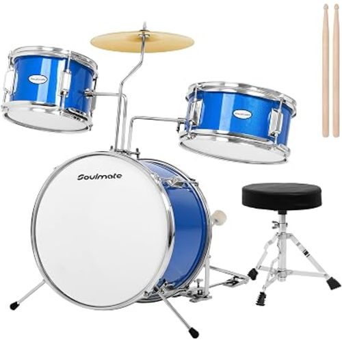 Soulmate Kids Drum Set – 14" 3-Piece Beginner Drum Kit for Toddlers & Children Ages 3+ – Includes 8" Tom, 10" Snare, 14" Bass Drum, Adjustable Throne, Cymbal, Pedal – First Drum Set (Blue)