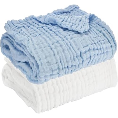 Aablexema Baby Muslin Bath Towels - Set of 2 Large Size 43X43 Inches Swaddle Blanket for Newborn Toddlers Boys Girls (White & Blue)