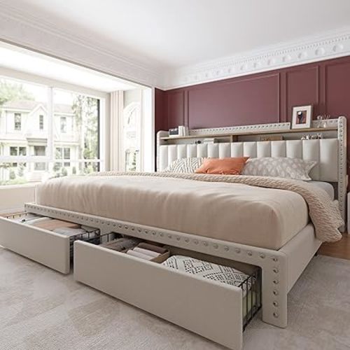 EnHomee King Size Bed Frame with 2-Tier Storage Headboard, Upholstered Platform Bed Frame with 2 Storage Drawers, Sturdy Wooden Slats Support, Noise-Free, No Box Spring Needed, Beige