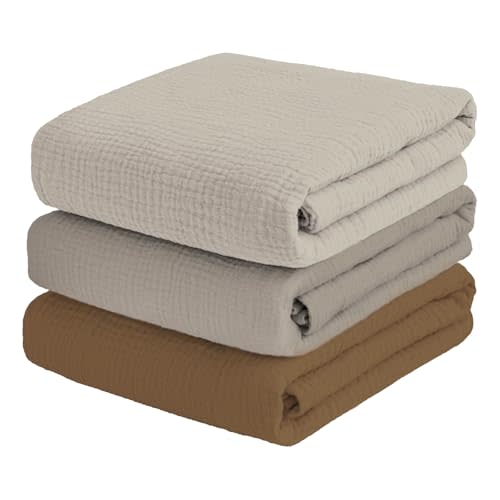 breebleep Muslin Swaddle Blankets for Baby Boy - 3 Pack 47x47 Inch Large Receiving Blankets, Soft Breathable Cotton Nursery Swaddles for Newborn, Infant & Todler (Cream White, Stone, Coffee)