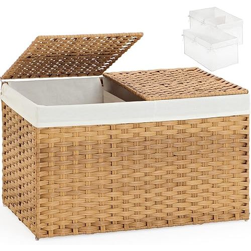 SETVSON Storage Basket with Lid Wicker Baskets for Storage with 2 Separate Lid 42.3 Gallon (160 L) 29.9 x 17.3 x 18.1 Inches Rattan Woven Large Wicker Basket with 2 Liners for Bedroom Laundry Natural