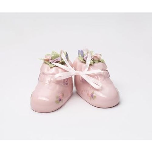 Fine Elegant Porcelain Baby Pink Bootie Shoes with Roses Figurine Ornament, 2-3/8" L