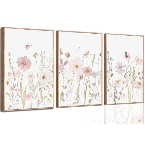 LQOZTBX 3Pcs Watercolor Wildflower Wall Art Botanical Nursery Canvas Prints Vintage Floral Pictures Flower Paintings Girls Nursery Pictures Pink Wall Decor for Living Room Bedroom Unframed