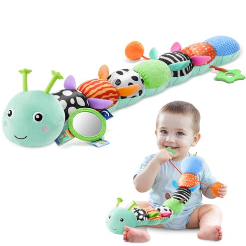 AWOTOY Baby Toys 0-6-12 Months,Musical Caterpillar Stuffed Animals Activity Infant Toys with Crinkle,Rattles,Mirror&Pull String,Muti-Sensory Toys Gifts for Newborn Tummy Time,Mint Blue|Leafy