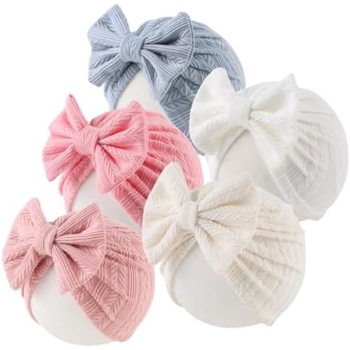 PEECABE Toddler Baby Girl Beanie DIY Knotted Bow Hat Little Girls Soft Elastic Pompom Hats 5-Pack for Summer Fall