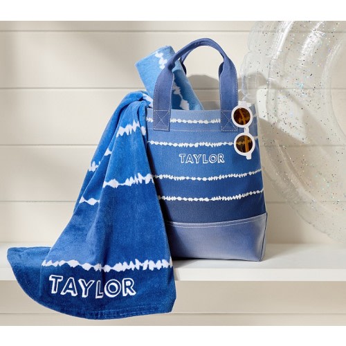 Pottery Barn Kids- Blue Tie-Dye Stripe Tote & Towel Set