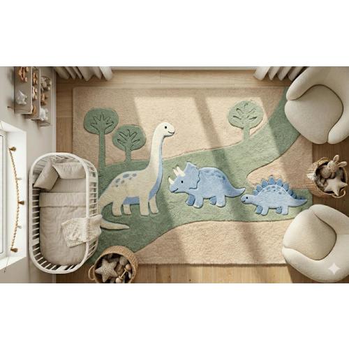 Hand Tufted Dinosaur Nursery Rug Green Blue Wool Kids Area Rug, Dino Play Mat for Childrens Bedroom Sage Neutral Decor Custom Size Available