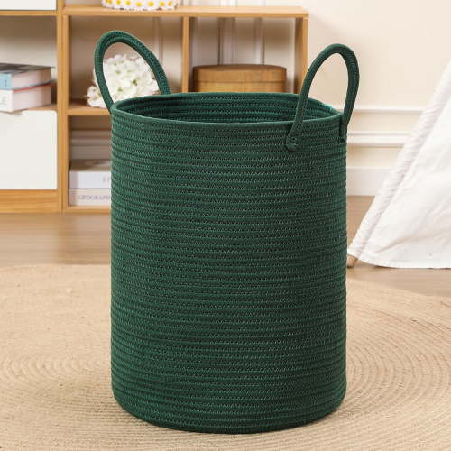 60L Large Woven Laundry Basket Hamper, 100% Natural Cotton Rope, Handwoven & Durable, Storage for Blankets, Toys, Clothes, Nursery Hamper for Living Room, Baby Room, Bedroom (Brown and White)