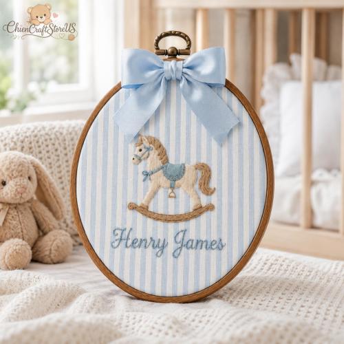 Personalized Embroidered Baby Name Hoop, Custom Rocking Horse Nursery Wall Decor, Custom Baby Name Sign, Baby Shower Gift, Newborn Keepsakes