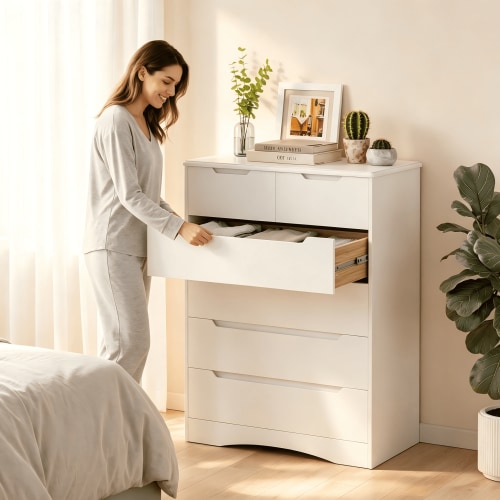 Lofka 6 Drawer Dresser for Bedroom, Tall White Vertical Chest of Drawers with Anti-Tipping, Dual-Size Drawers, Small Space Storage Solution for Apartment, Guest Room