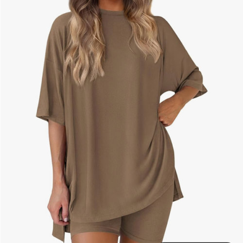 PRETTYGARDEN Women 2 Piece Lounge Set 2026 Summer Casual Oversized Shirts Biker Shorts Matching Airport Travel Outfit Clothes