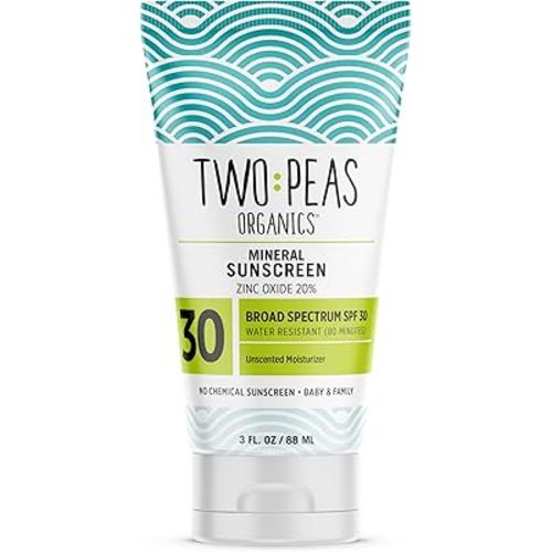Two Peas Organics - All Natural Organic SPF 30 Sunscreen Lotion - Coral Reef Safe - Baby, Kid & Family Friendly - Chemical Free Mineral Based Formula - Waterproof & Unscented - 3oz (1 Pack)