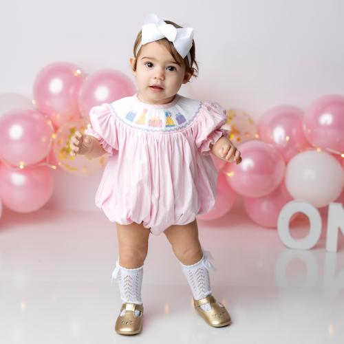 Birthday Smocked Bubble Romper in Pink - Birthday party outfit, Baby girl, Heirloom, Vintage style, machine washable 519 *C