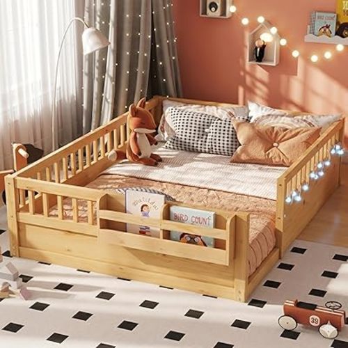 Full Toddler Floor Bed with High Rails, Wooden Montessori Bed Frame with Light and Storage Shelf, Full Size Bed Frame for Kids, Boys and Girls, Natural