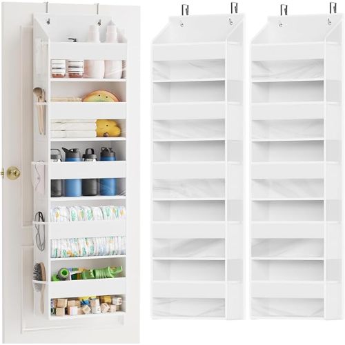 SpaceAid 2 Pack Over The Door Organizer with 5 Large Pockets and 10 Mesh Side Pockets, 5 Layers Door Organizer Hanging with Clear Window for Bedroom, Bathroom, Pantry and Nursery, White