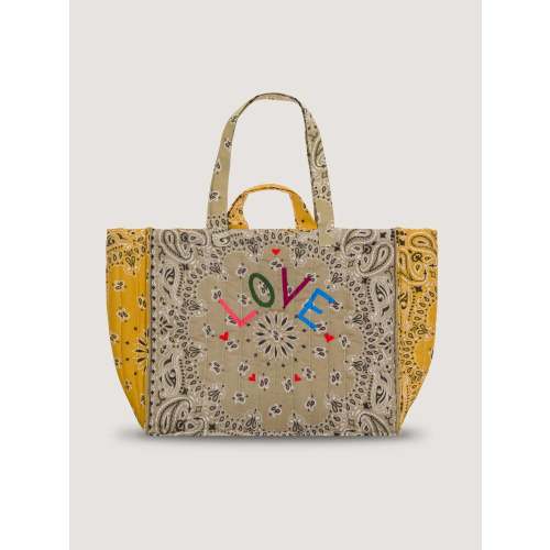 Maxi Quilted Cabas Tote - LOVE - Beige / Mustard