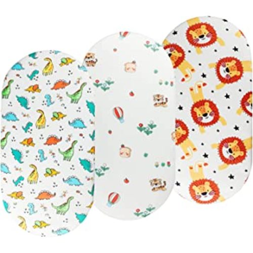 Onacosht Bassinet Sheets Set 3 Pack for Baby Boy, Stretchy Soft Jersey Knitted Fitted Sheet Universal for Oval Rectangle and Hourglass Bassinet Mattress, Dinosaur, Tiger and Lion Printing