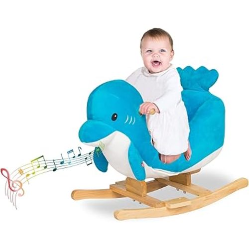 J-Sun-7 Baby Rocking Horse - Dolphin Themed Rocking Animal for Toddlers, Baby Rocker with Seat Belt and Lullaby Song, Wooden Rocking Horse Plush Ride On Toy, Gift for 18 Months+, Blue