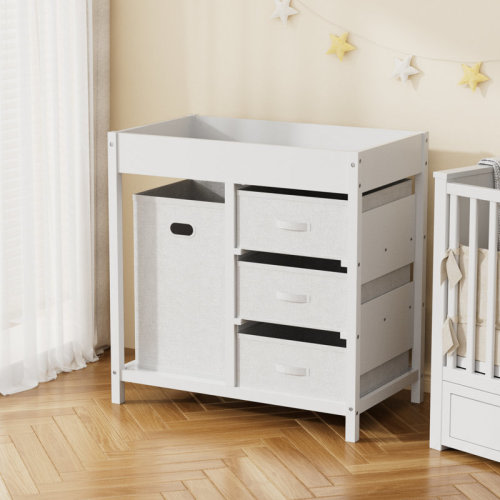 Ebern Designs 34.3“ H X 34" W Wooden Changing Table for Baby with Fabric Laundry Hamper and Drawers & Reviews | Wayfair