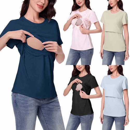 Bovxnpu Maternity Clothes For Women, Women's Maternity Shirts Breastfeeding Shirts Nursing Shirts, Pregnant Womens High Elasticity Nursing Round Neck Short Sleeve Breastfeeding Blouse L