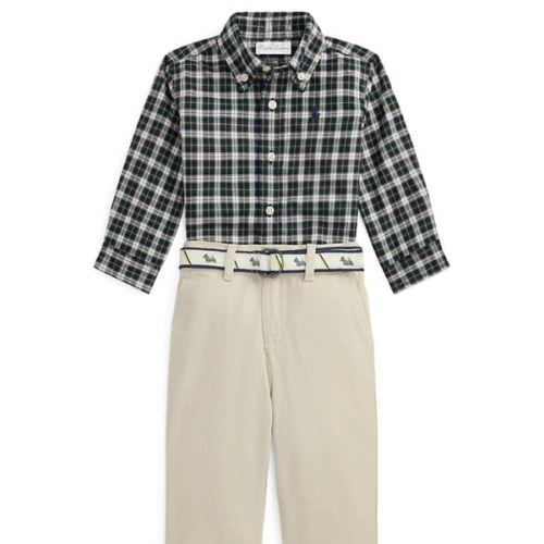Ralph Lauren Childrenswear Baby Boys Plaid Shirt, Belt & Canvas Pant Set | Belk