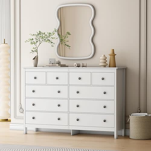 wanan White 10 Drawer Dresser, 55" Modern Wooden Dressers Chests of Drawer, 10 Drawers Wide Dresser for Bedroom