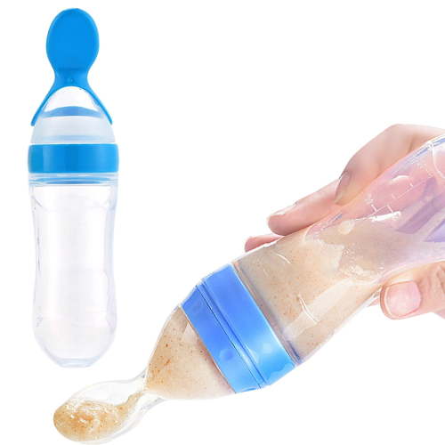 LHWEN 2 Pack Infant Baby Silica Gel Feeding Bottle with Spoon Newborn Toddler Food Rice Cereal Bottles Milk Feeder 90ml/3oz Built-in Spoon Material - Odorless Leak-Proof Design Compact