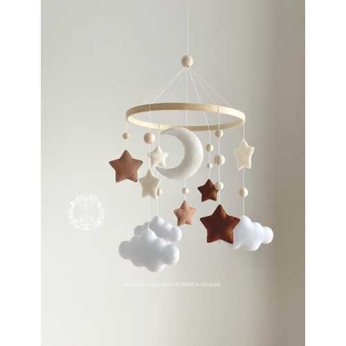 Moon Baby Mobile: Felt stars clouds baby Nursery crib Decor, newborn gift