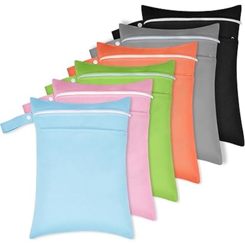 6 Pack Wet Dry Bags for Diapers, 30 * 40 (cm)/ 11.81 x 15.75 inches, Swimsuits, or Wet Clothes, Waterproof Reusable Travel Beach Pool Gym Bags with 2 Zippered Pockets, 6 Colors