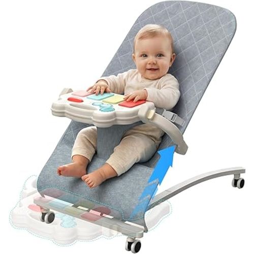 Portable Baby Bouncer Seat 0-18 Months,Detachable Piano & Hanging Toys,3-Level Recline (Rock/Fix),Foldable with Quiet Wheels,Baby Shower