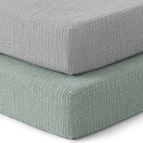 Pro Goleem 2 Pack Muslin Crib Sheets for Boys and Girls, Soft Breathable Neutral Fitted Cotton Baby Bed Sheets Set for Standard Crib Mattress & Toddler Mattress 52"x28", (Grey＆Green)
