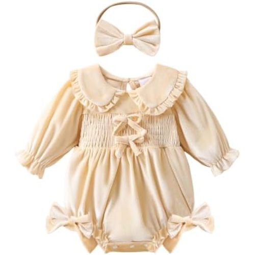 Baby Girl Vintage Velvet Romper Dress Long Sleeve Bow Outfit