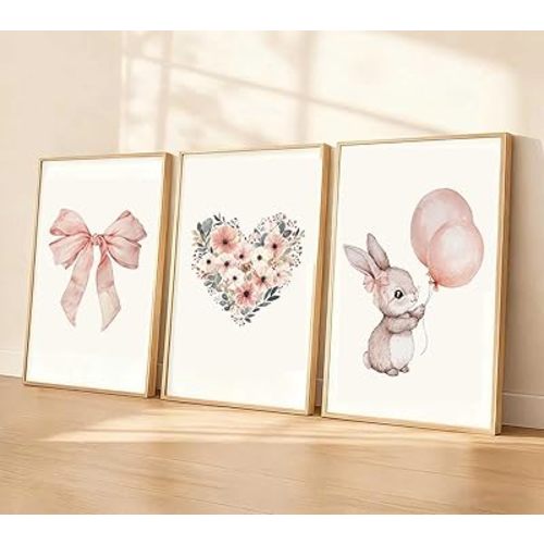 3 Pcs Nursery Bunny Wall art Love Wildflowers Painting Pictures Cute Animal Posters Prints Pink Girl Canvas Wall Decor for Girls and Boys Kids Room Baby Room Decor