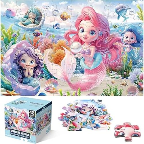 Jumbo Floor Puzzle for Toddlers & Kids Ages 3-5, 48-Piece Mermaid and Underwater Large Jigsaw Puzzle with Educational Fun, Easter Gift for Boys & Girls Ages 4-8