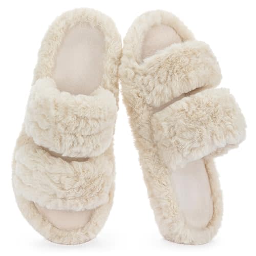 RockDove Women’s Pluffie Slippers with Arch Support & Memory Foam, Cozy Faux Fur Open Toe House Shoes, Gift-Ready Indoor Outdoor Comfort