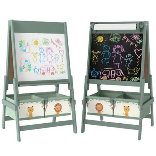 Qaba Kids Easel, 3-in-1 Double-Sided Art Easel with Paper Roll, Whiteboard & Chalkboard, Storage Baskets for Toddlers Ages 3-8