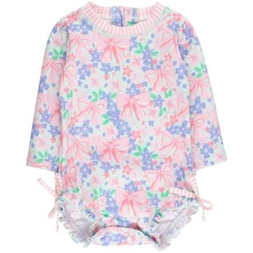 RuffleButts Baby Girls UPF 50+ Sun Protection Floral Printed Long Sleeve One Piece Rash Guard Swimsuit with Zipper